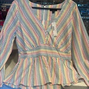 J. Crew Blue and Pink Peplum Blouse with Puff Sleeves